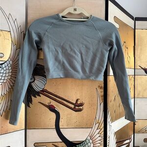 Mango Ribbed Long Sleeve Crop Top - Blue Gray